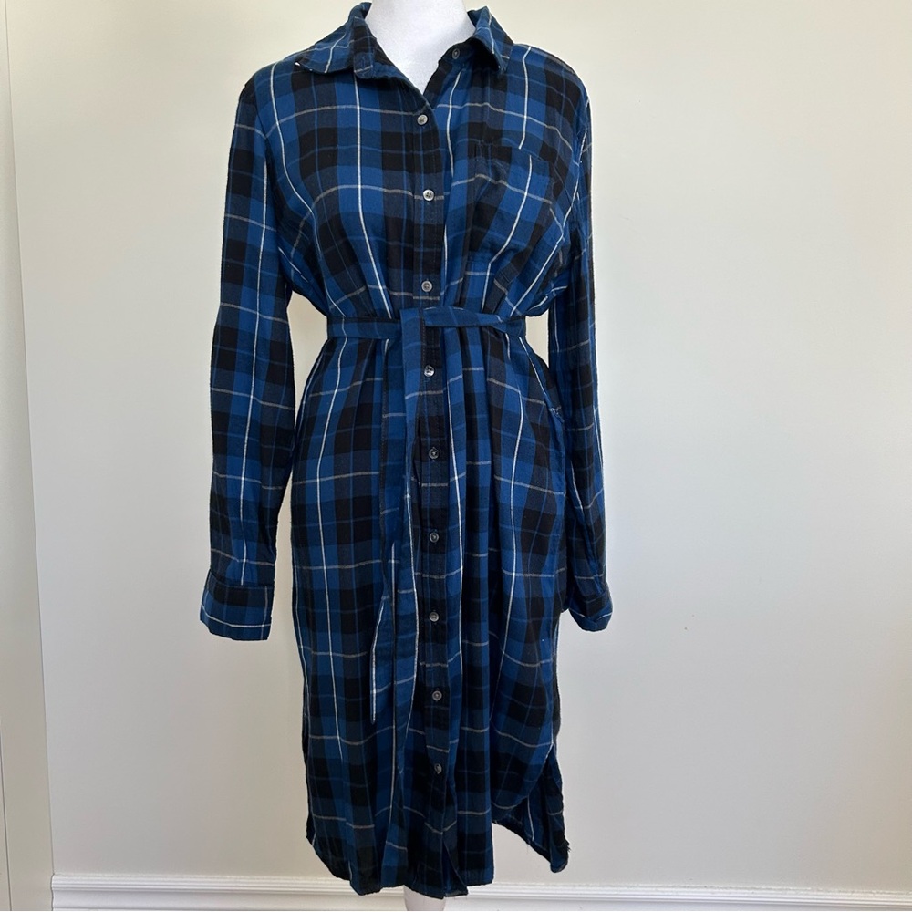 Joe Fresh Vintage Plaid Flannel Shirt Dress Blue and Black Tartan Women’s Large